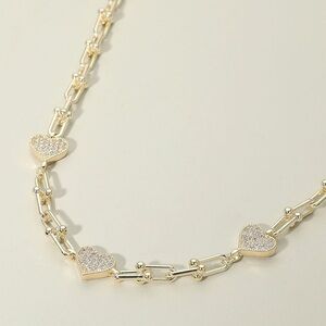 14K Gold Plated CZ Stone Paved Heart Charm Industrial Link Chain Necklace